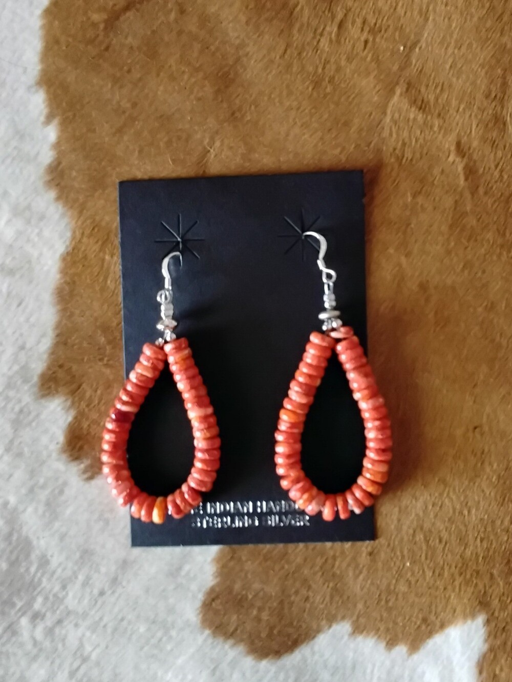 Louise Joe Navajo Handmade Orange Spiny Oyster Eardrop dangle 925 Earrings. - Picture 8 of 9